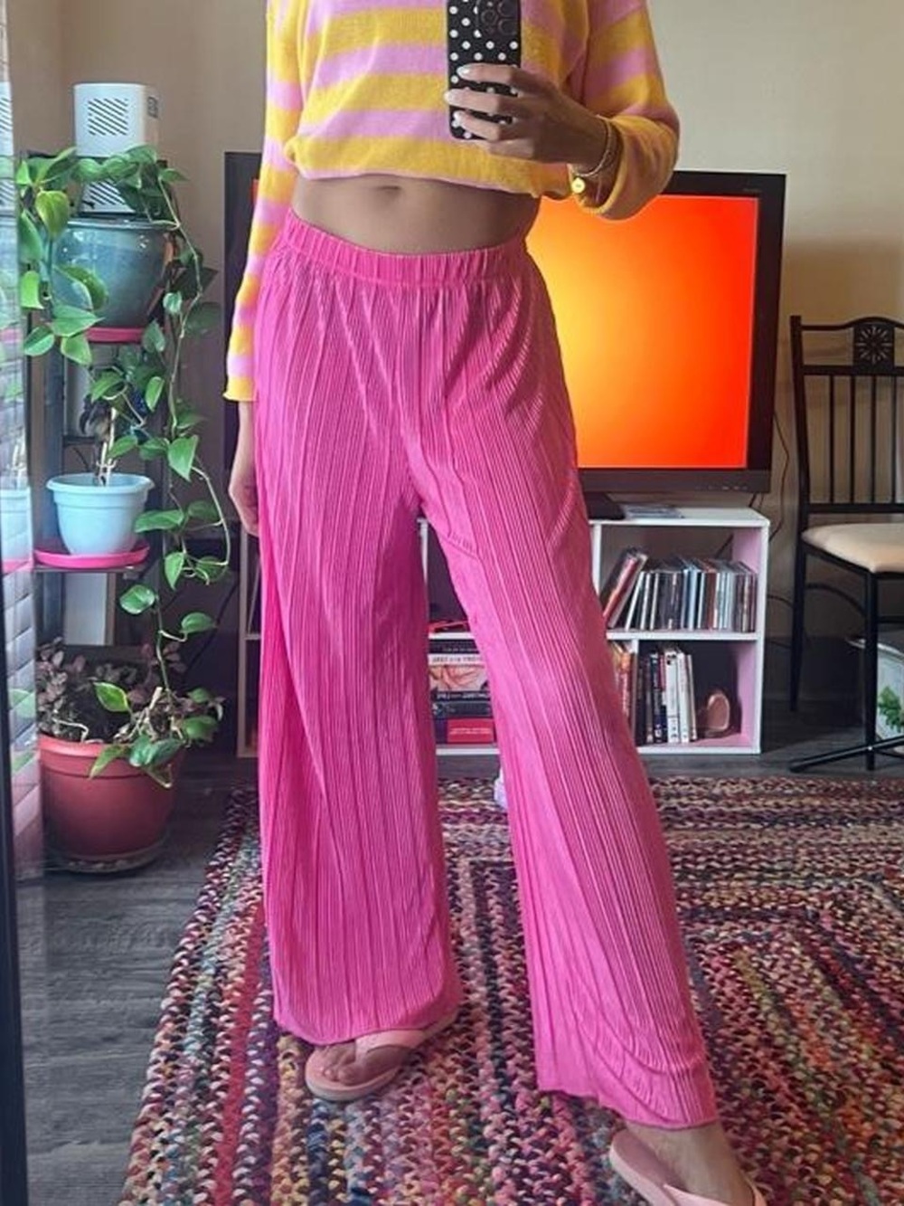 hot pink wide leg plisse pleated satin pants, semi sheer